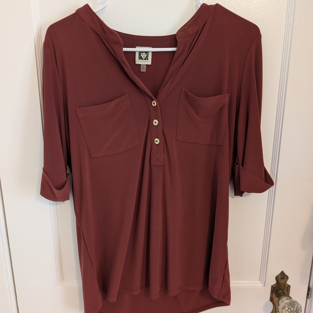 Anne Klein Rust Button-Front Pocket Roll-Sleeve Tunic